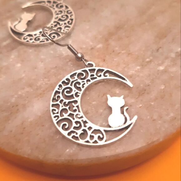 Silver Crescent Moon Kitty Cat Stainless Steel Hook Earrings - Picture 4 of 4
